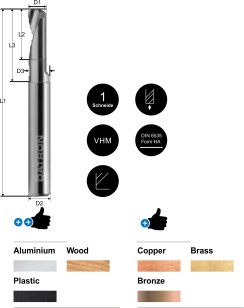 1-skärig fräs 4-in-1, multi som passar för att fräsa i Aluminium, Plast, Trä, Koppar, Mässing och Brons: DATRON 4-in-1 är ett patenterat, special balanserat fräsverktyg med polerat skär och polerad kanal. Datron single flute, 4-in-1. Patented specially balanced tool, with polished chip chamber and polished flute for very effective chip removal. 